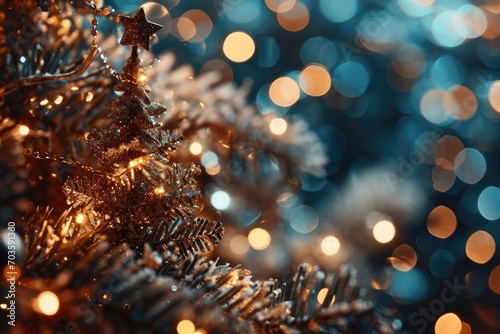 A close-up view of a Christmas tree with twinkling lights. This image can be used to enhance holiday-themed designs or to create a festive atmosphere in any project