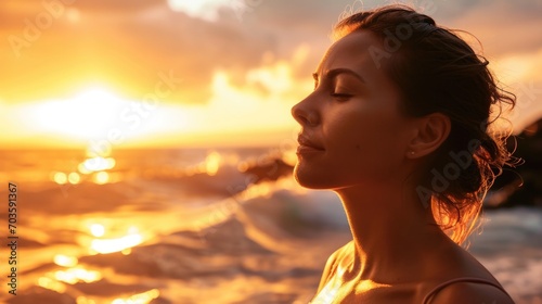 Woman with serene expression gazing at the sunset on a peaceful beach, ocean background generative ai