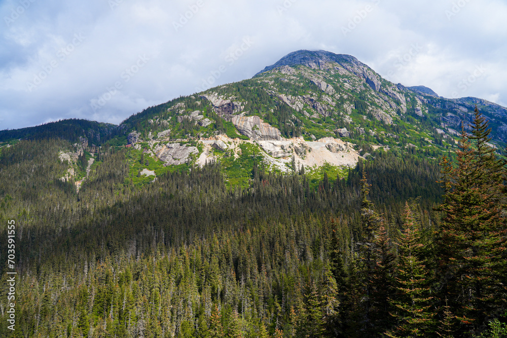 Mountains in the Chilkoot Trail National Historic Site in British Columbia, Canada, as seen from the White Pass and Yukon Route railroad departed from Skagway, Alaska Mountains in the Chilkoot Trail National Historic Site in British Columbia, Canada, as seen from the White Pass and Yukon Route railroad departed from Skagway, Alaska