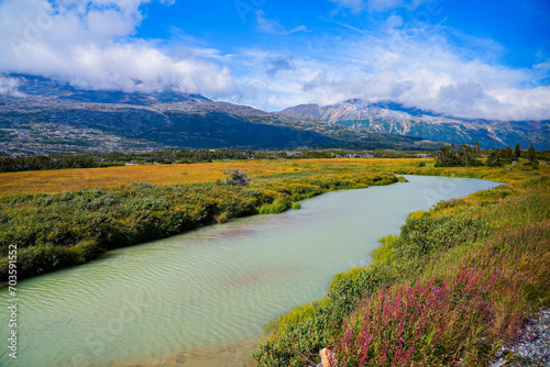 Mountainous plateau in the Chilkoot Trail National Historic Site in British Columbia, Canada, as seen from the White Pass and Yukon Route railroad departed from Skagway, Alaska photo