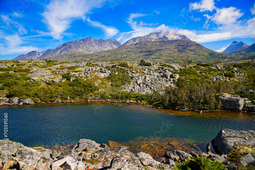 Summit Lake in the Chilkoot Trail National Historic Site in British Columbia, Canada, as seen from the White Pass and Yukon Route railroad departed from Skagway, Alaska