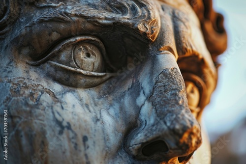 A detailed close-up of a statue depicting the face of a man. This image can be used for various purposes, including art projects, historical presentations, or educational materials