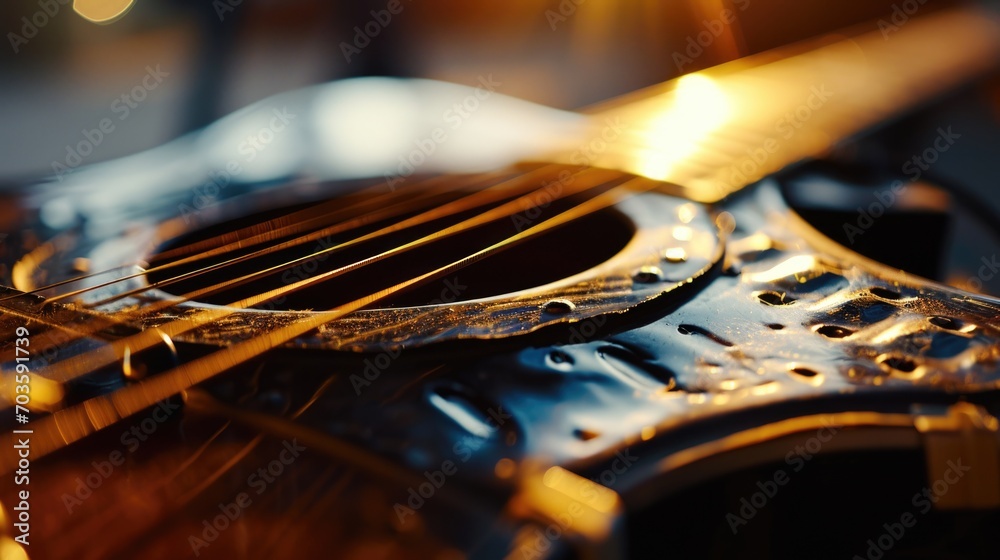 A close-up view of a guitar with a blurry background. Suitable for music-related projects and designs - obrazy, fototapety, plakaty 