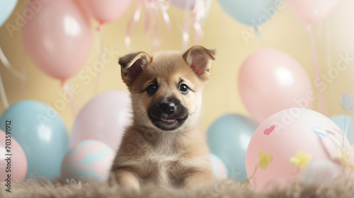 A playful scene of a puppy wearing bunny ears amidst a backdrop of Easter decorations and pastel balloons. © John