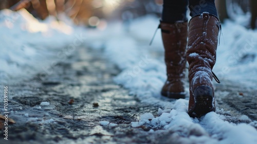A person walking in the snow with a pair of boots. Perfect for winter-themed designs and outdoor activities