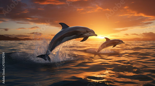 A pod of dolphins leaping gracefully above ocean waves at sunset creating a dynamic and joyful scene. © John