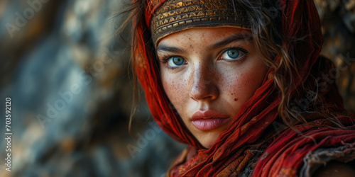 Portrait of beautiful islamic girl with blue eyes wearing red scarf and traditional clothes. photo