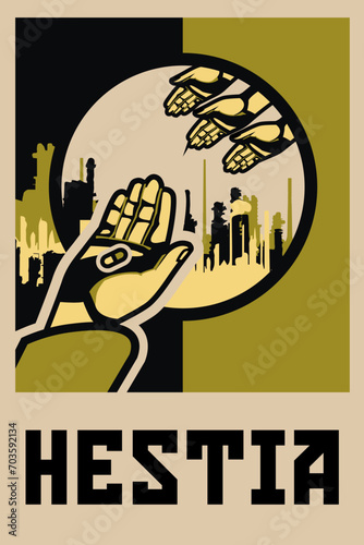Propaganda poster of pill in dystopian future textures included