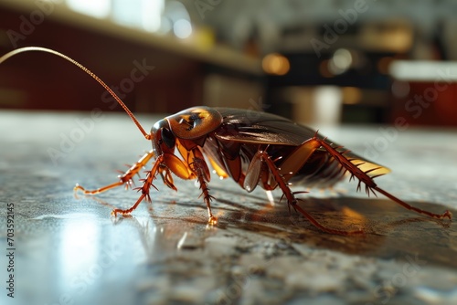 A close-up view of a cockroach on a counter. This image can be used to depict pests, infestations, or hygiene issues in households or commercial spaces © Fotograf