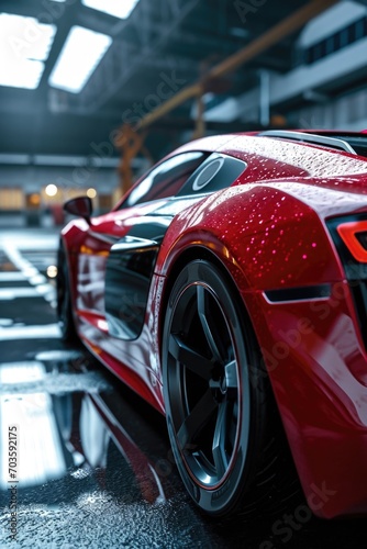 A red sports car parked in a garage. Perfect for automotive enthusiasts or car dealership websites © Fotograf