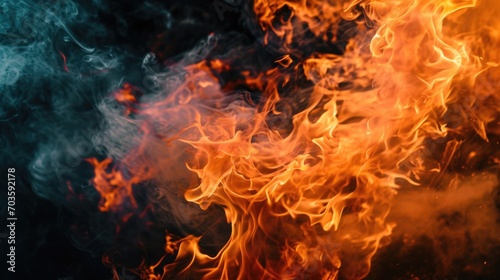 A close up view of a fire with smoke billowing out. This image can be used to depict concepts such as danger  destruction  heat  or energy