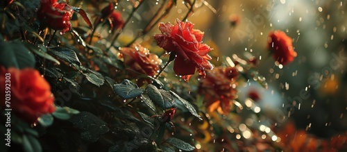 Lush petals gleam in rainy autumn.