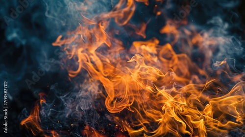 A close-up view of a fire with smoke billowing out. This image captures the intensity and heat of the flames. Ideal for illustrating concepts such as danger, destruction, or energy