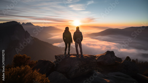 A serene moment of a couple watching a sunrise together on a mountain peak embracing the new day.