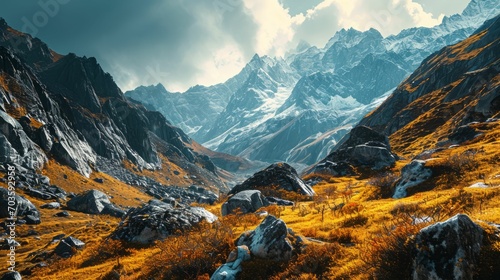 Majestic mountains with rocky, uneven textures and dramatic lighting