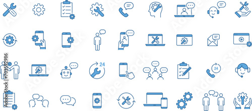 青2色のテクニカルサポートの線画アイコンセット