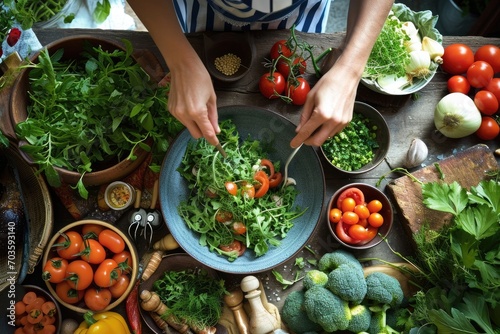 A health-conscious individual carefully selects fresh, locally-sourced produce from the outdoor market to create a colorful and nutrient-rich salad bursting with leafy greens, vibrant vegetables, and