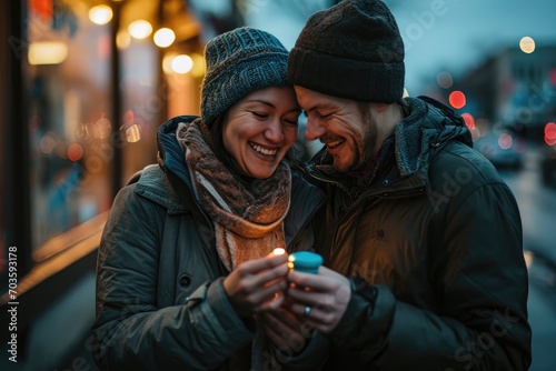 Amidst the cold winter streets, a couple shares a warm smile and flickering light from a tiny candle, capturing a moment of love and connection © AiAgency