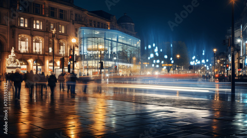 A bustling city square at night illuminated by modern streetlights and surrounded by diverse architectural styles.