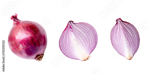 Top view of red or purple onion bulb with half and slice in set isolated on white background with clipping path