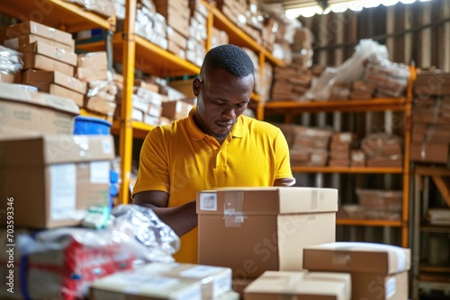 A curious man inspects a box on a shelf in a warehouse, surrounded by an inventory of clothing, his yellow shirt standing out in the dimly lit indoor space