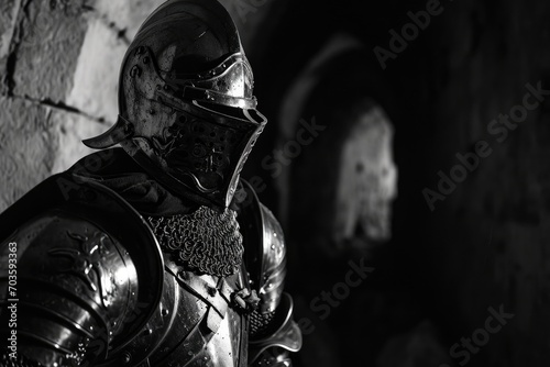 A knight in a shining suit of armor stands tall, adorned with a breastplate and cuirass, ready to defend their kingdom in style photo