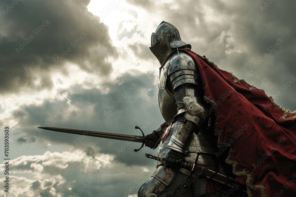 Obraz premium A lone warrior stands tall, sword drawn, gazing at the cloudy sky above as they protect a statue of a fallen hero, their armor gleaming in the outdoor light
