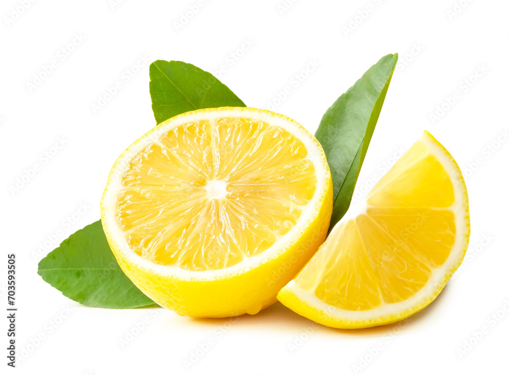 Front view of fresh yellow lemon fruit in half and slice and leaf isolated on white background with clipping path Front view of fresh yellow lemon fruit in half and slice and leaf isolated on white background with clipping path