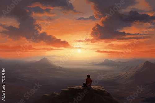 As the clouds drift across the sky, a lone figure sits atop the rugged mountain, basking in the tranquil beauty of the sunset over the vast landscape, after a long day of hiking through the stunning 