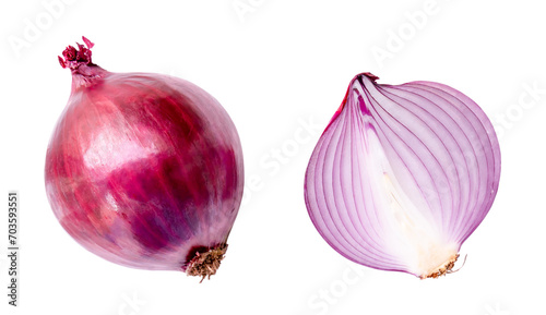 Top view of fresh red or purple onion bulb and half in set isolated on white background with clipping path