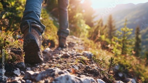 A close-up image of a person walking on a trail. Suitable for outdoor activities and nature-themed designs photo