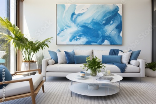 A cozy living room adorned with a vibrant painting, featuring a stylish sofa bed and loveseat, a sleek coffee table, and a variety of decorative accents such as vases, pillows, and houseplants, all s © AiAgency