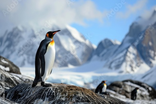 A majestic adaalie penguin stands proudly on a snowy rock  showcasing the resilience and beauty of nature s flightless creatures in their mountainous habitat