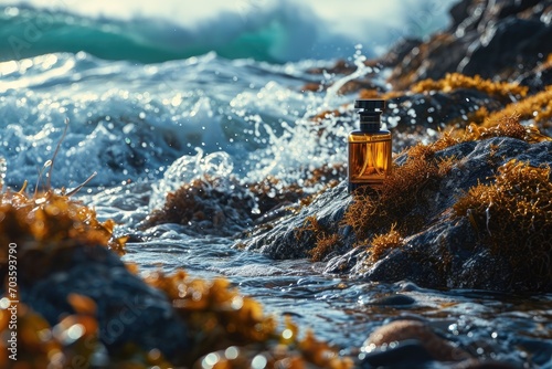 Amidst the rugged outdoor landscape, a solitary bottle of perfume rests on rocks by the crashing waves of the ocean, embodying the essence of nature's beauty and the intoxicating allure of the sea photo