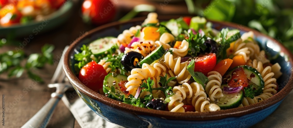 Traditional pasta salad in a bowl.