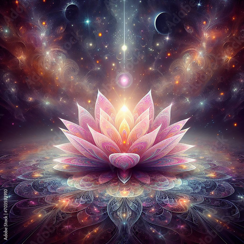 Radiant Zen lotus flower - a spiritual symbol of purity, strength, resilience, and rebirth, Water Lily, enlightenment or meditation and universe, magic scene, abstract illustration