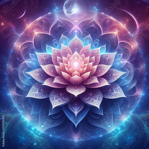 Radiant Zen lotus flower - a spiritual symbol of purity, strength, resilience, and rebirth, Water Lily, enlightenment or meditation and universe, magic scene, abstract illustration