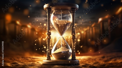 Sand running through the bulbs of an hourglass measuring the passing time in a countdown to a deadline, on a dark background. Neural network AI generated art © mehaniq41