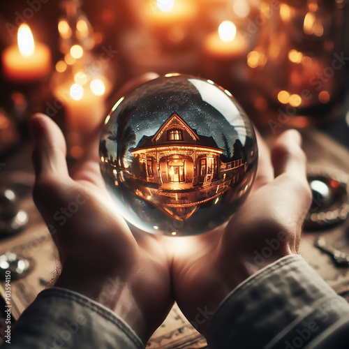 Crystal ball of predictions in the hands of a fortune teller. Witch with a crystal ball to divine the future. Magic crystal ball. Fortune telling, divination, prophecy, psychic medium
 photo