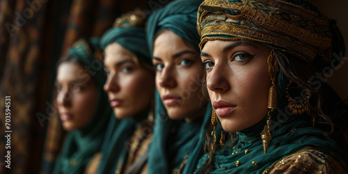 Beautiful young ottoman girls with traditional clothing and jewelry. photo