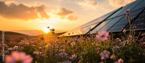 Solar panels in a field of flowers at sunset in summer. © 2rogan