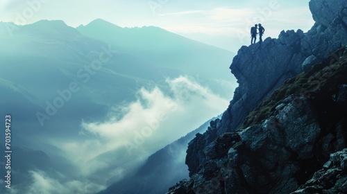 Two people standing on top of a mountain. Suitable for adventure, travel, and nature-themed projects