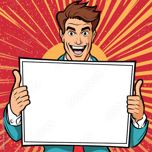 cartoon businessman thumbs up showing blank empty copy space board