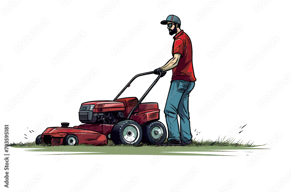 Fototapeta premium man mowing the lawn with a lawn mower gardening landscaping service business vector illustration