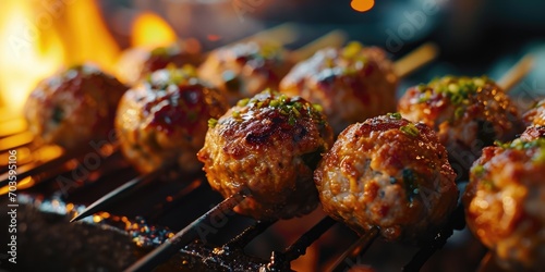 Close up shot of meatballs cooking on a grill. Perfect for food enthusiasts and barbecue lovers.