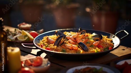 Typical spanish seafood paella in traditional pan. Neural network AI generated art