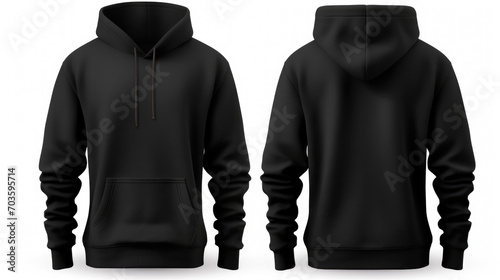 Black hoodie with a blank front and back view, mockup, white background.