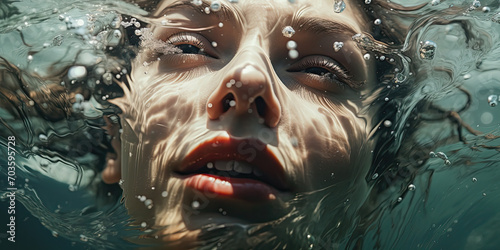 a woman's face underwater with a splash of water over her eye, generative AI © VALUEINVESTOR