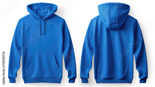 Blue hoodie with a blank front and back view, mockup, white background.