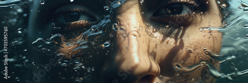 a woman's face underwater with a splash of water over her eye, generative AI